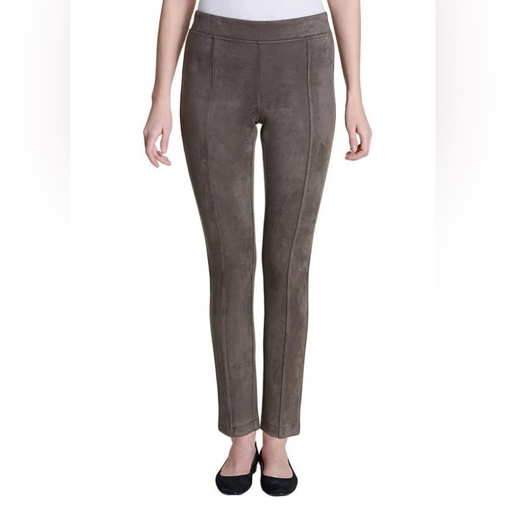 Andrew Marc Soft Stretch Faux Suede Pull On Pants Mid-Rise Slim Fit in Taupe